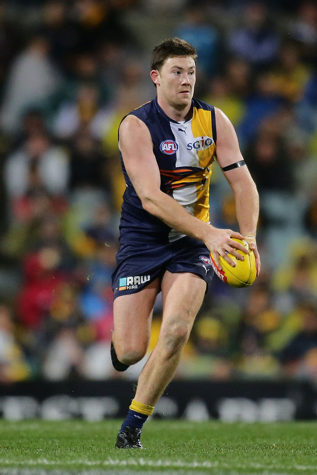 AFL 2015 Rd 19 - West Coast v Hawthorn PERTH, AUSTRALIA - AUGUST 8: Jeremy McGovern of the Eagles looks to pass the ball during the 2015 AFL round 19 match between the West Coast Eagles and the Hawthorn Hawks at Domain Stadium, Perth, Australia on August 8, 2015. (Photo by Will Russell/AFL Media)